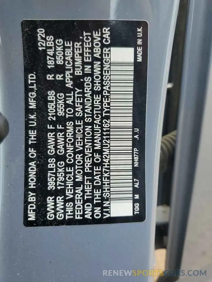 12 fotografías del automóvil dañado SHHFK7H42MU211162 HONDA CIVIC 2021