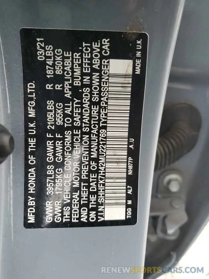 12 fotografías del automóvil dañado SHHFK7H42MU221769 HONDA CIVIC 2021
