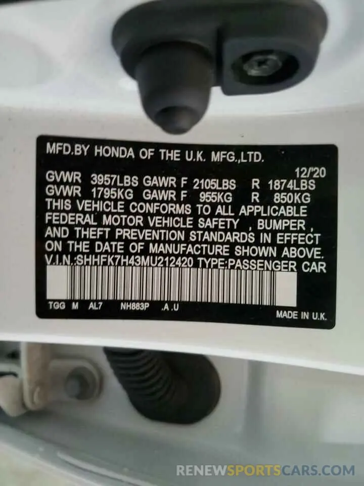 12 fotografías del automóvil dañado SHHFK7H43MU212420 HONDA CIVIC 2021