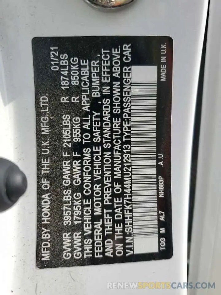 14 fotografías del automóvil dañado SHHFK7H44MU212913 HONDA CIVIC 2021