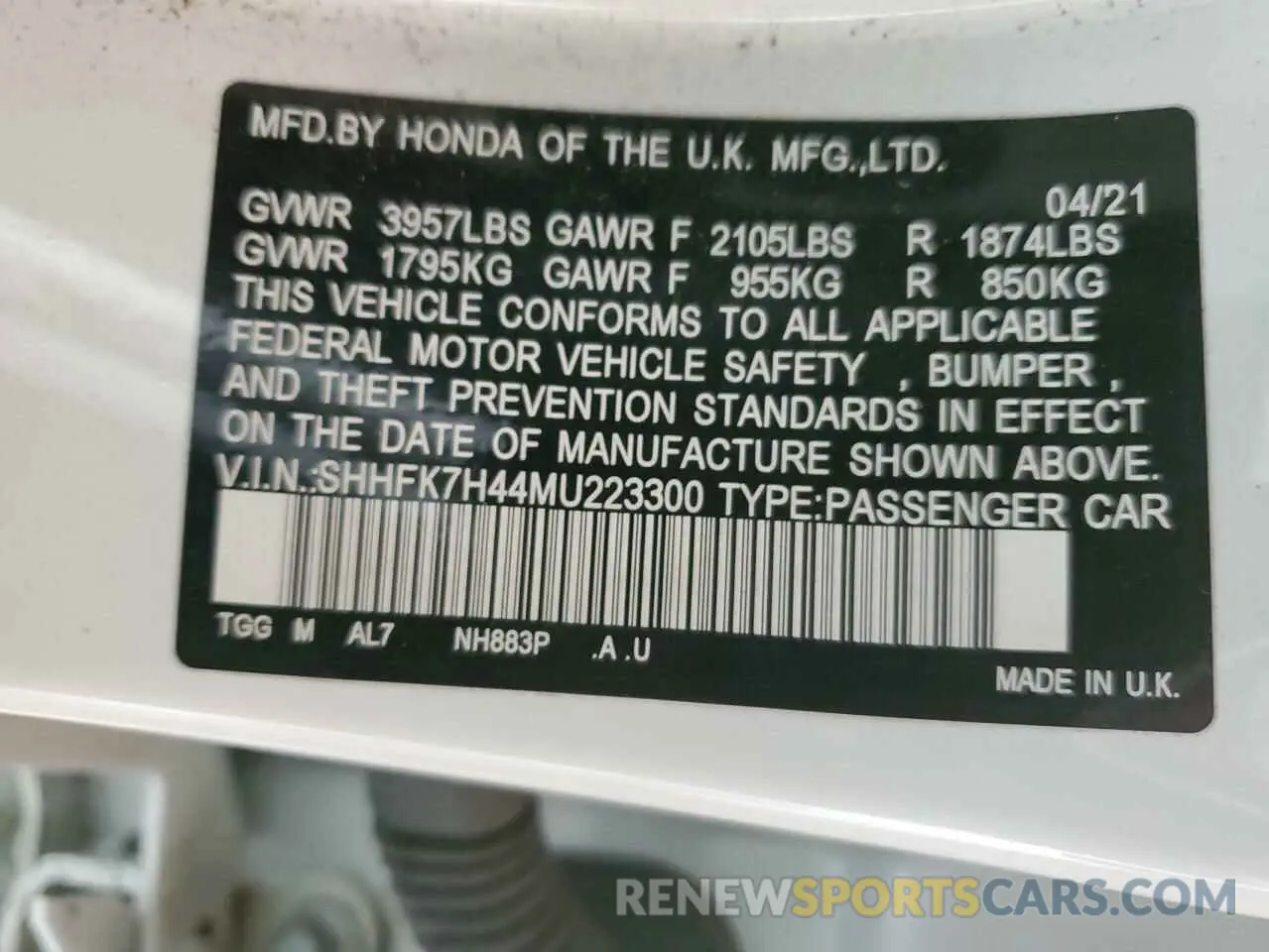 14 fotografías del automóvil dañado SHHFK7H44MU223300 HONDA CIVIC 2021