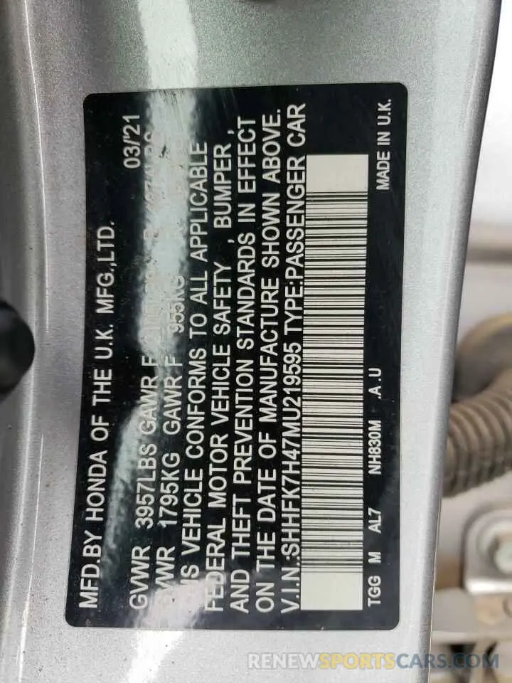 14 fotografías del automóvil dañado SHHFK7H47MU219595 HONDA CIVIC 2021