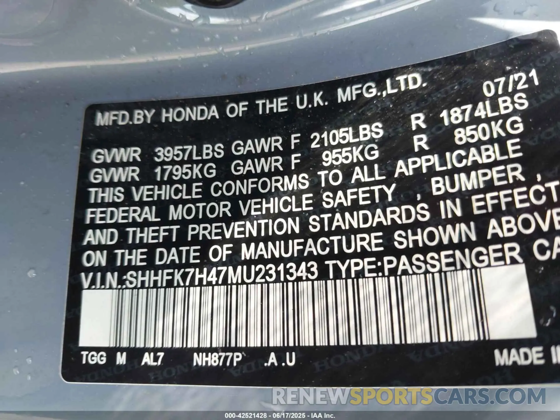 9 fotografías del automóvil dañado SHHFK7H47MU231343 HONDA CIVIC 2021