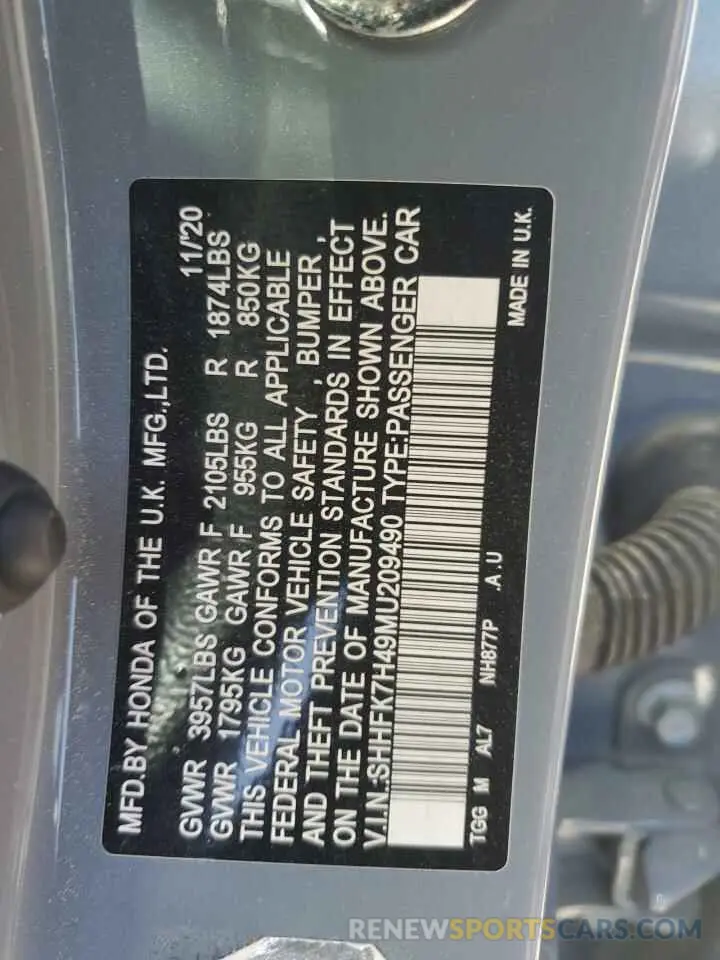 12 fotografías del automóvil dañado SHHFK7H49MU209490 HONDA CIVIC 2021