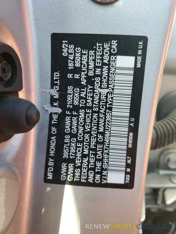 14 fotografías del automóvil dañado SHHFK7H49MU223857 HONDA CIVIC 2021