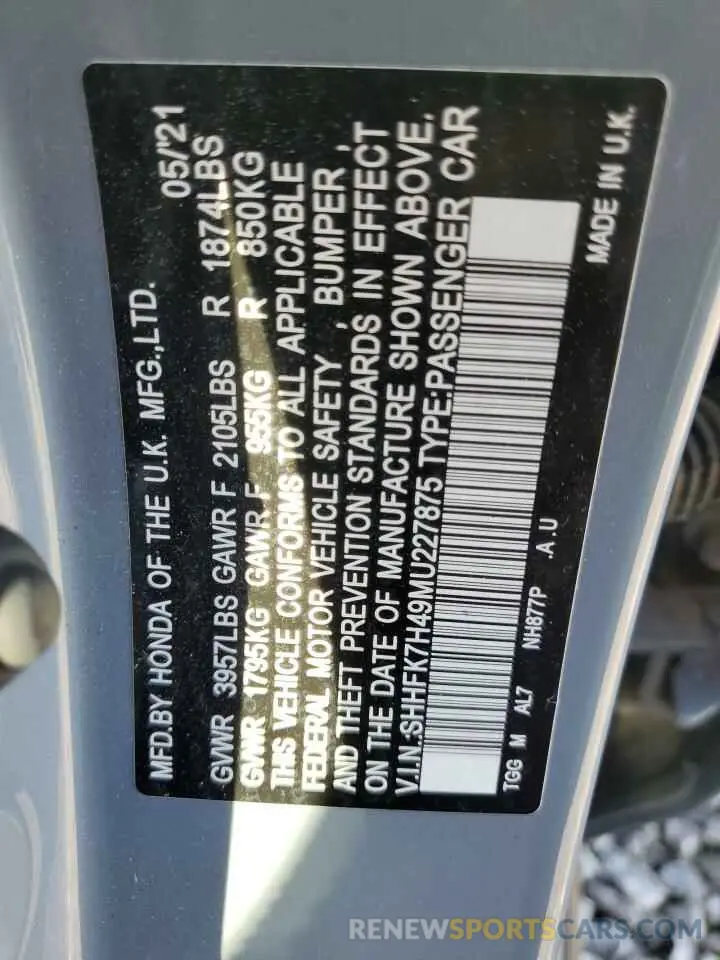 13 fotografías del automóvil dañado SHHFK7H49MU227875 HONDA CIVIC 2021