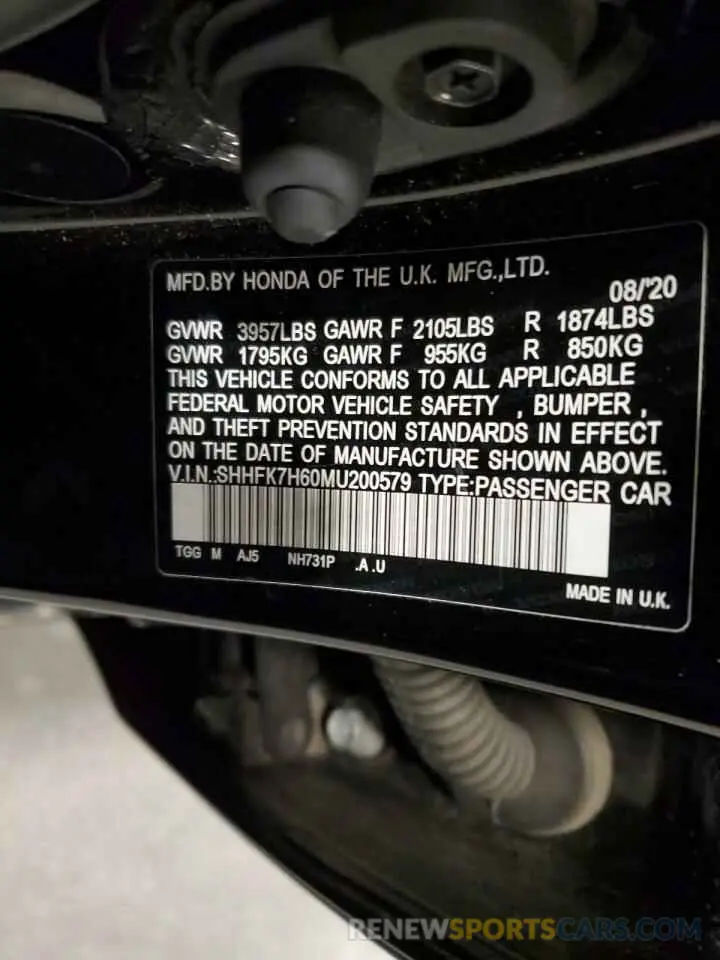 12 fotografías del automóvil dañado SHHFK7H60MU200579 HONDA CIVIC 2021