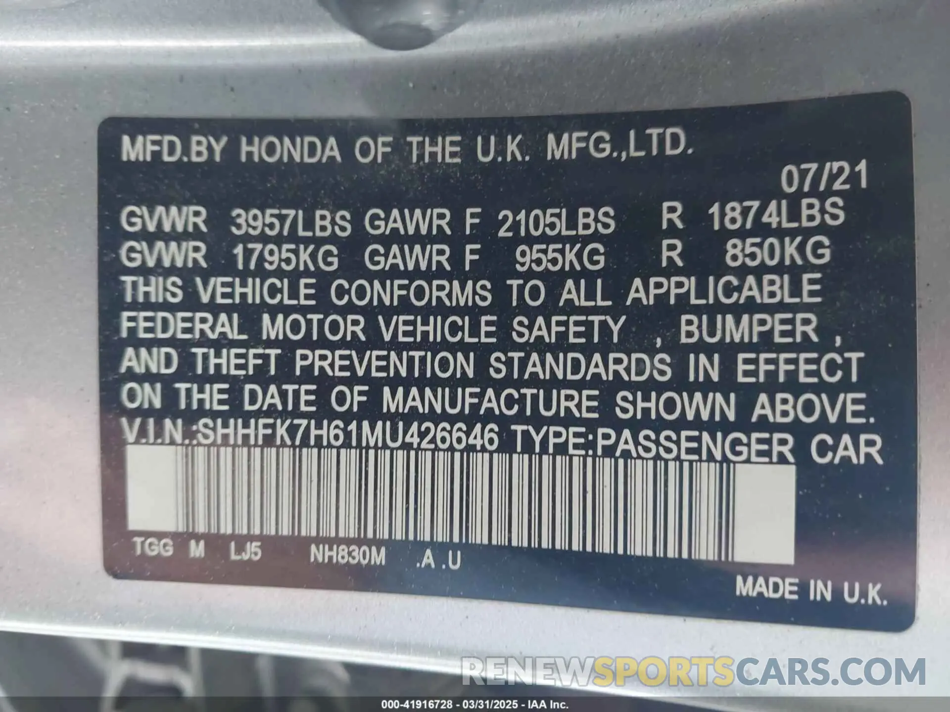 9 fotografías del automóvil dañado SHHFK7H61MU426646 HONDA CIVIC 2021