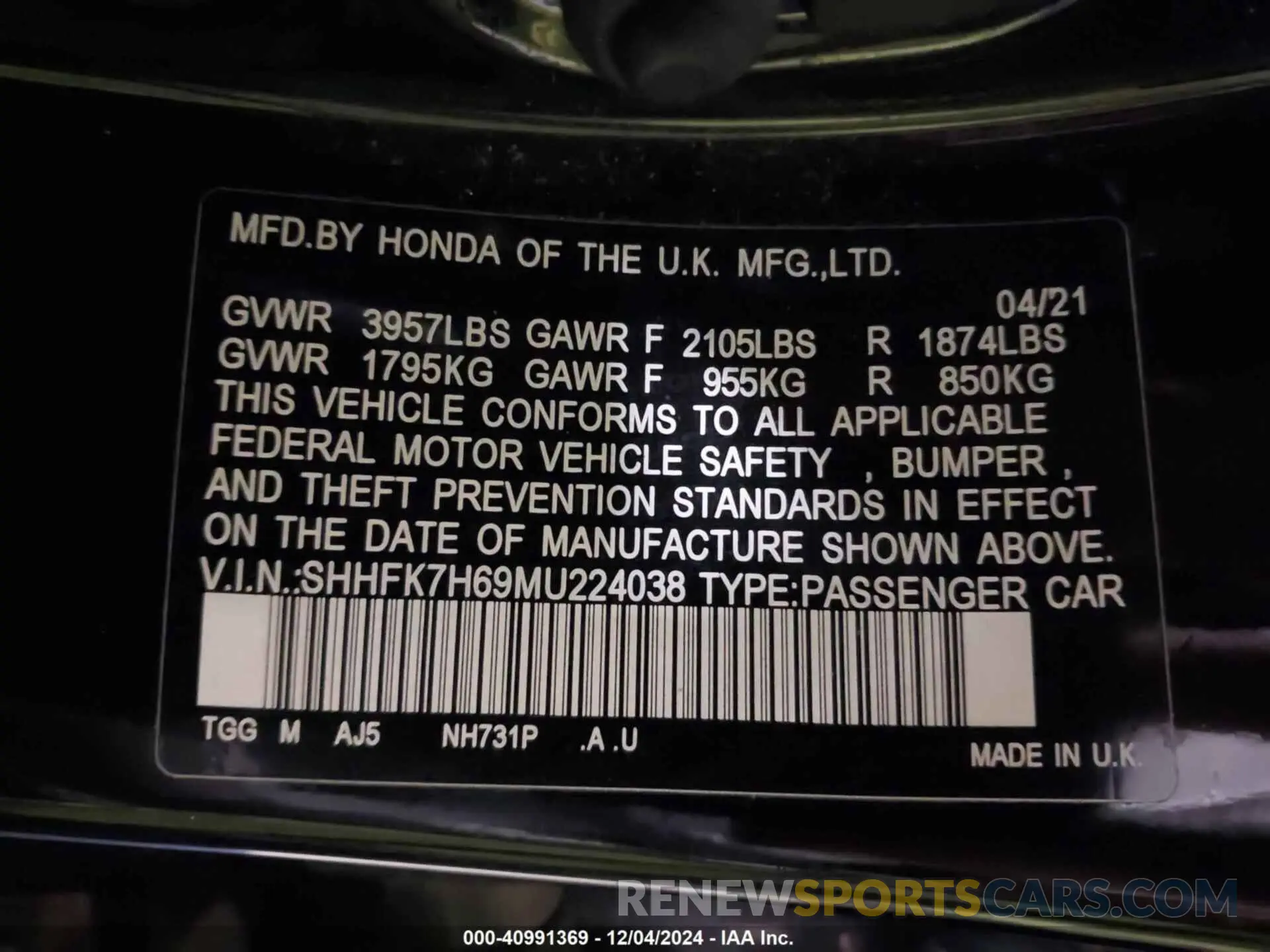 9 fotografías del automóvil dañado SHHFK7H69MU224038 HONDA CIVIC 2021