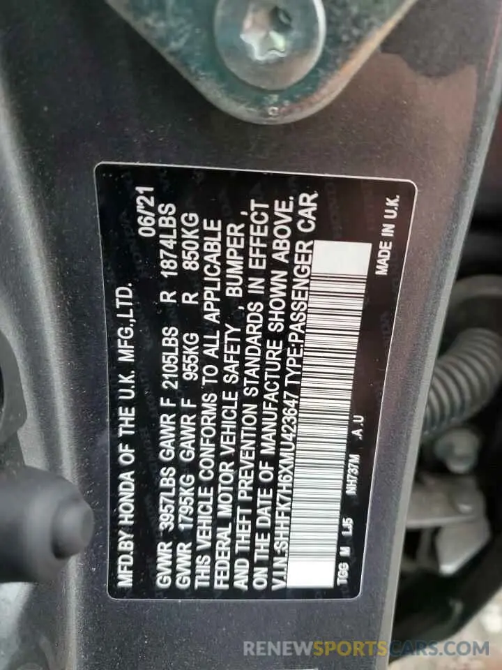12 fotografías del automóvil dañado SHHFK7H6XMU423647 HONDA CIVIC 2021