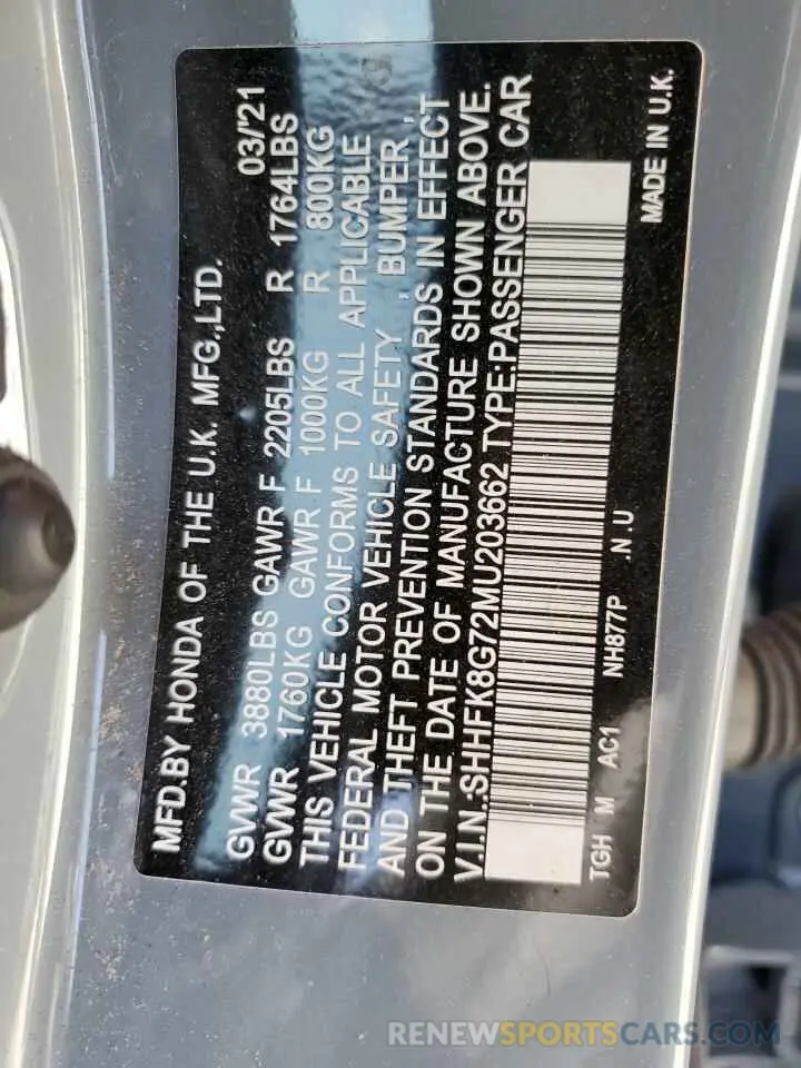 12 fotografías del automóvil dañado SHHFK8G72MU203662 HONDA CIVIC 2021