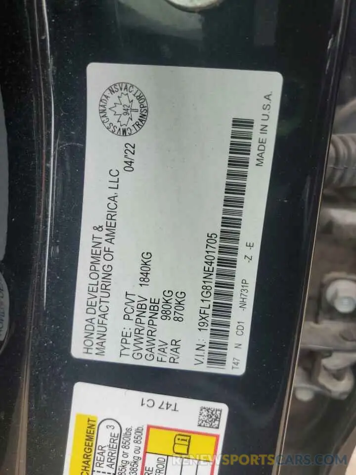 13 fotografías del automóvil dañado 19XFL1G81NE401705 HONDA CIVIC 2022