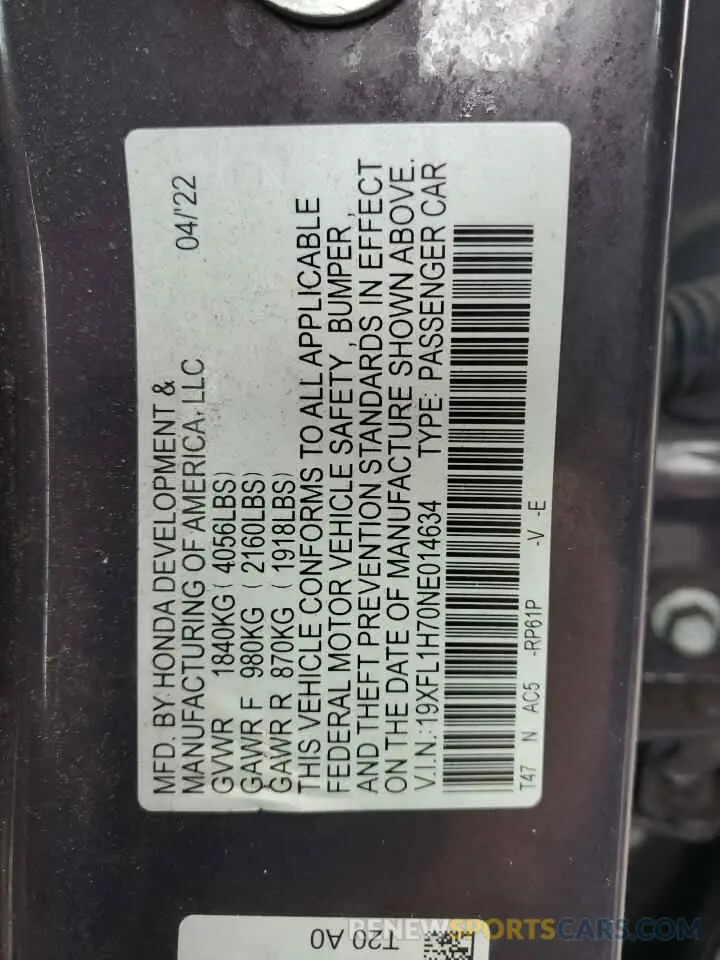 13 fotografías del automóvil dañado 19XFL1H70NE014634 HONDA CIVIC 2022