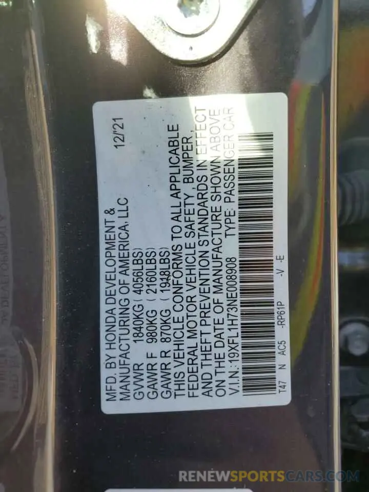 12 fotografías del automóvil dañado 19XFL1H73NE008908 HONDA CIVIC 2022