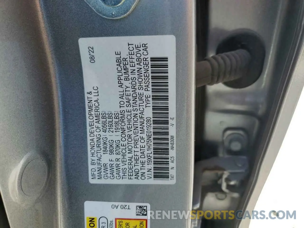 12 fotografías del automóvil dañado 19XFL1H75NE019280 HONDA CIVIC 2022