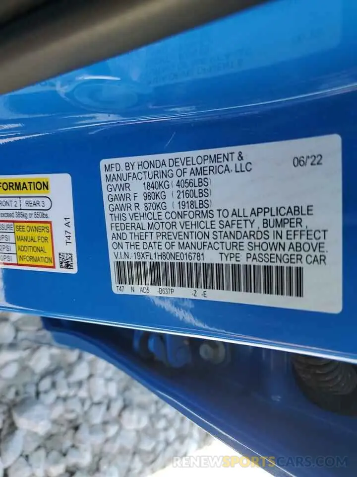 12 fotografías del automóvil dañado 19XFL1H80NE016781 HONDA CIVIC 2022