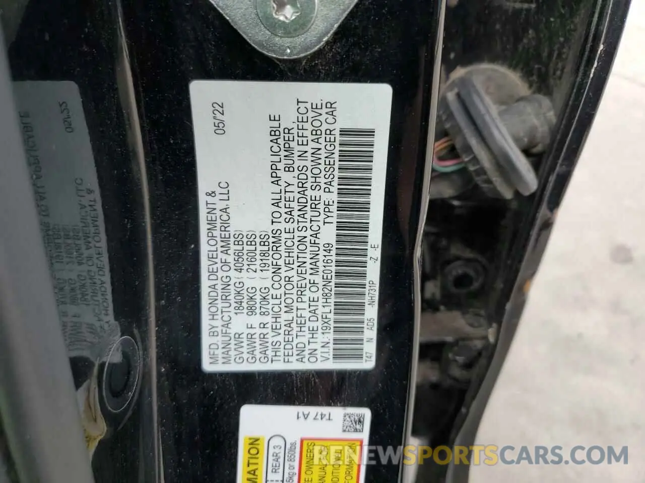 12 fotografías del automóvil dañado 19XFL1H82NE016149 HONDA CIVIC 2022