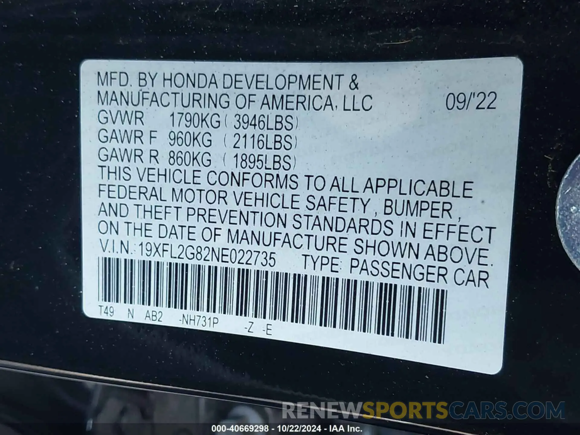 9 fotografías del automóvil dañado 19XFL2G82NE022735 HONDA CIVIC 2022
