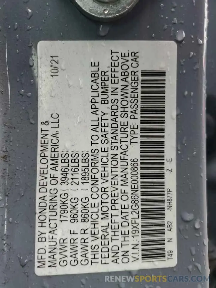 12 fotografías del automóvil dañado 19XFL2G86NE000866 HONDA CIVIC 2022