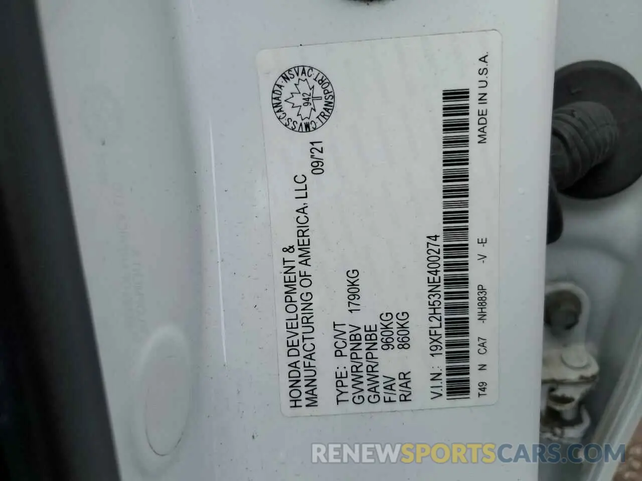 12 fotografías del automóvil dañado 19XFL2H53NE400274 HONDA CIVIC 2022