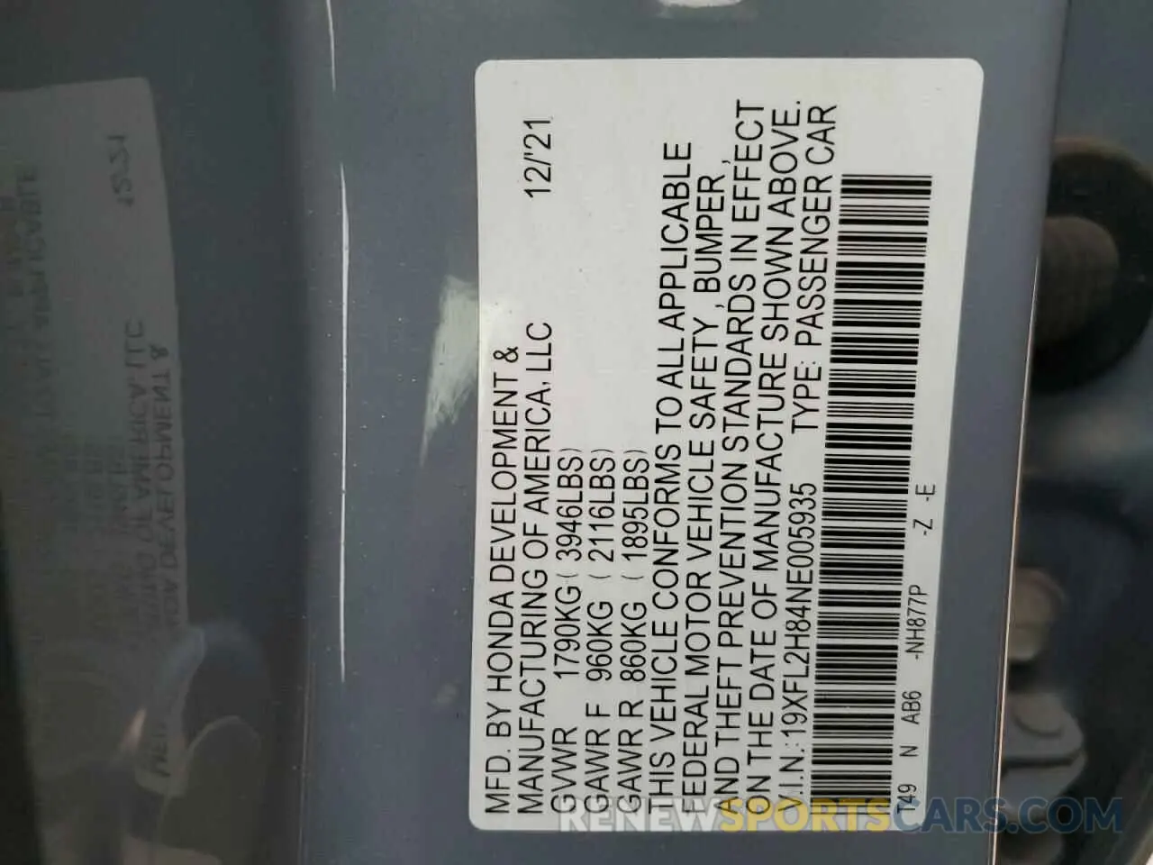 14 fotografías del automóvil dañado 19XFL2H84NE005935 HONDA CIVIC 2022