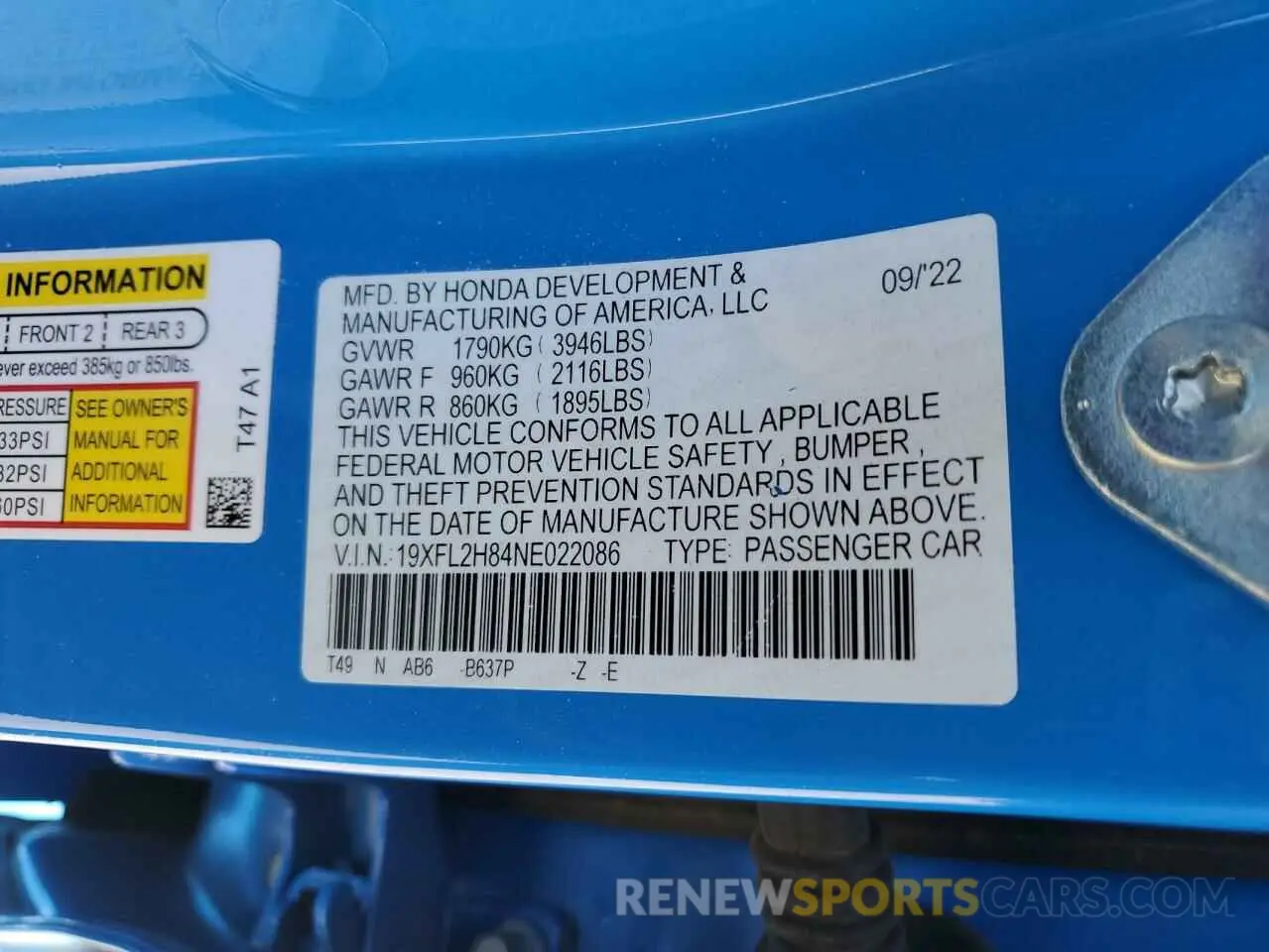 12 fotografías del automóvil dañado 19XFL2H84NE022086 HONDA CIVIC 2022