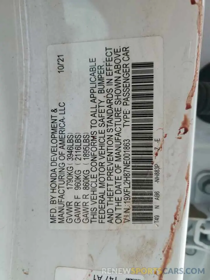 13 fotografías del automóvil dañado 19XFL2H87NE001863 HONDA CIVIC 2022
