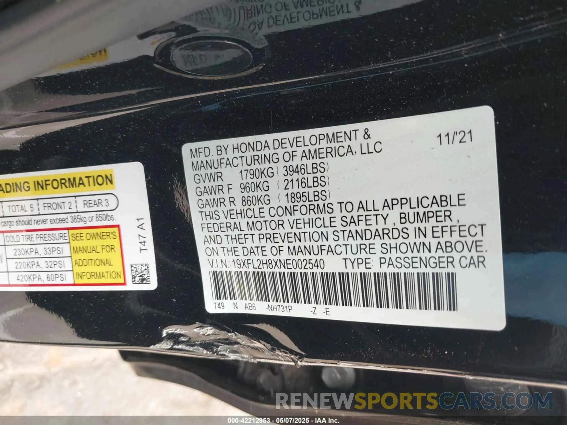9 fotografías del automóvil dañado 19XFL2H8XNE002540 HONDA CIVIC 2022