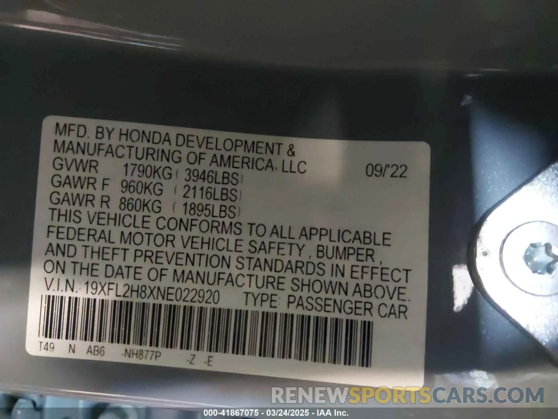 9 fotografías del automóvil dañado 19XFL2H8XNE022920 HONDA CIVIC 2022