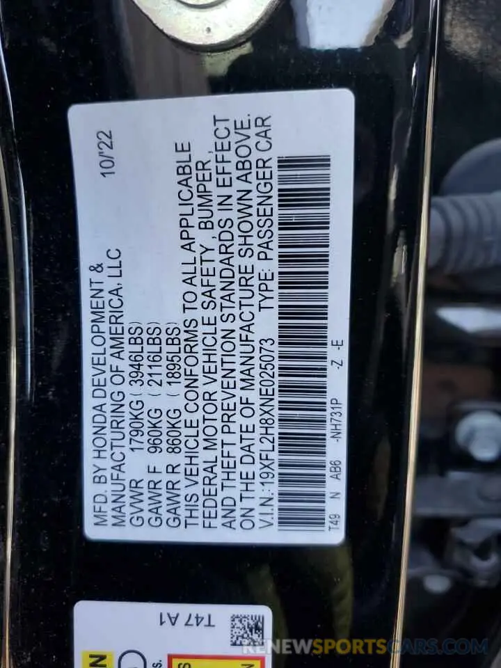 12 fotografías del automóvil dañado 19XFL2H8XNE025073 HONDA CIVIC 2022