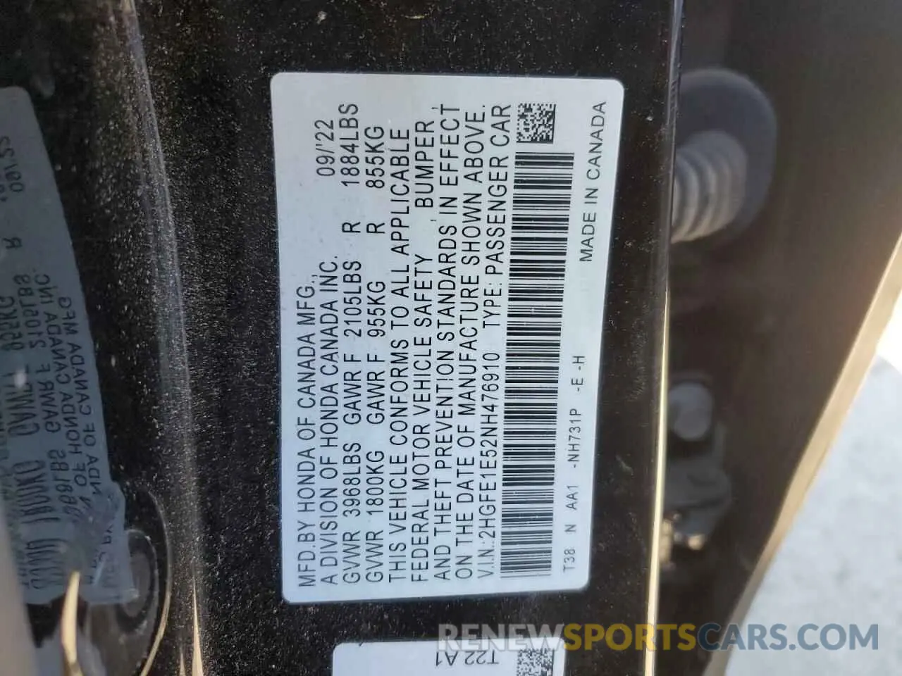 13 fotografías del automóvil dañado 2HGFE1E52NH476910 HONDA CIVIC 2022