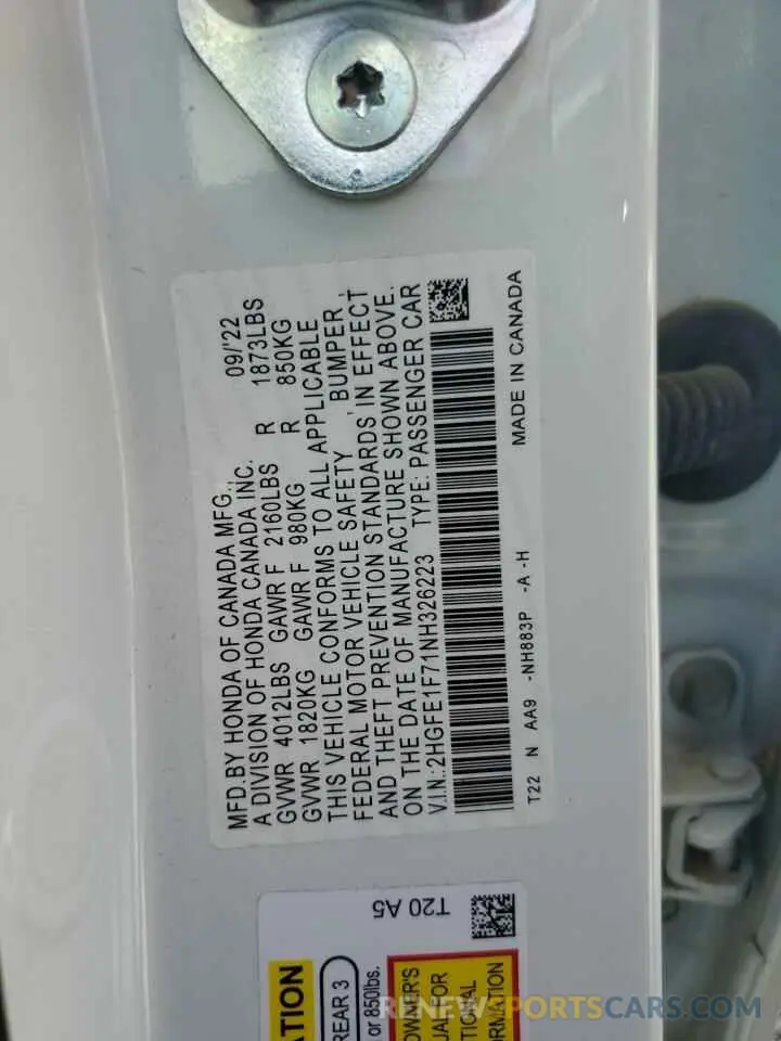 12 fotografías del automóvil dañado 2HGFE1F71NH326223 HONDA CIVIC 2022