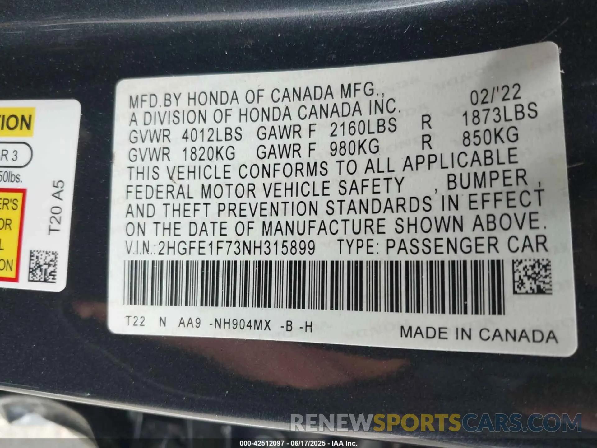 9 fotografías del automóvil dañado 2HGFE1F73NH315899 HONDA CIVIC 2022