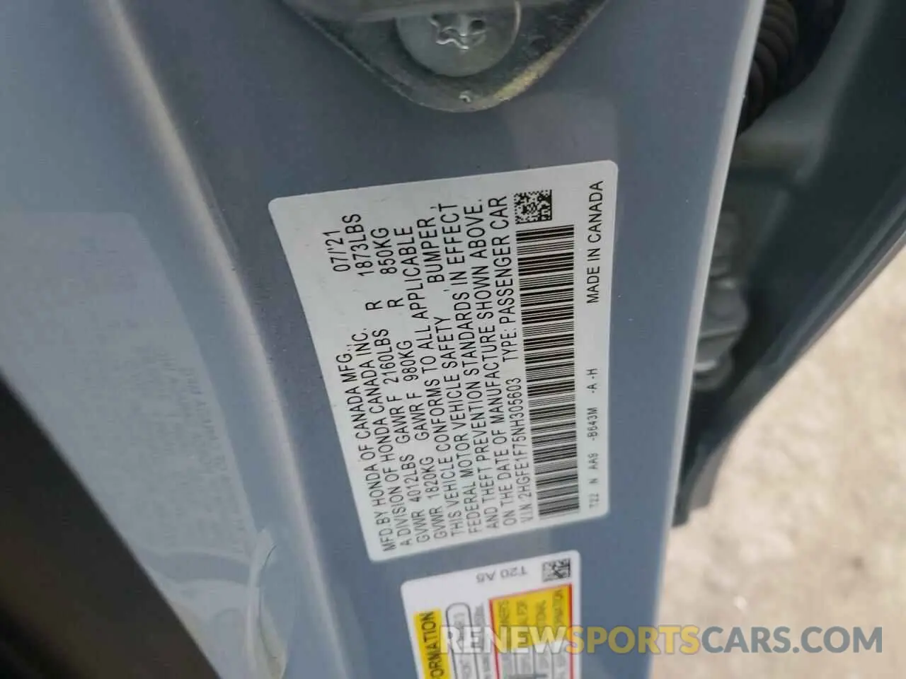 12 fotografías del automóvil dañado 2HGFE1F75NH305603 HONDA CIVIC 2022