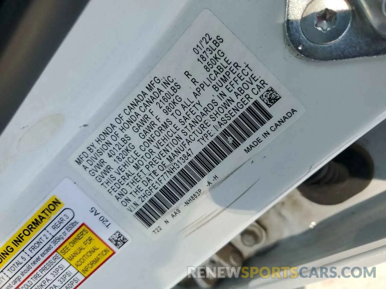 12 fotografías del automóvil dañado 2HGFE1F77NH313847 HONDA CIVIC 2022