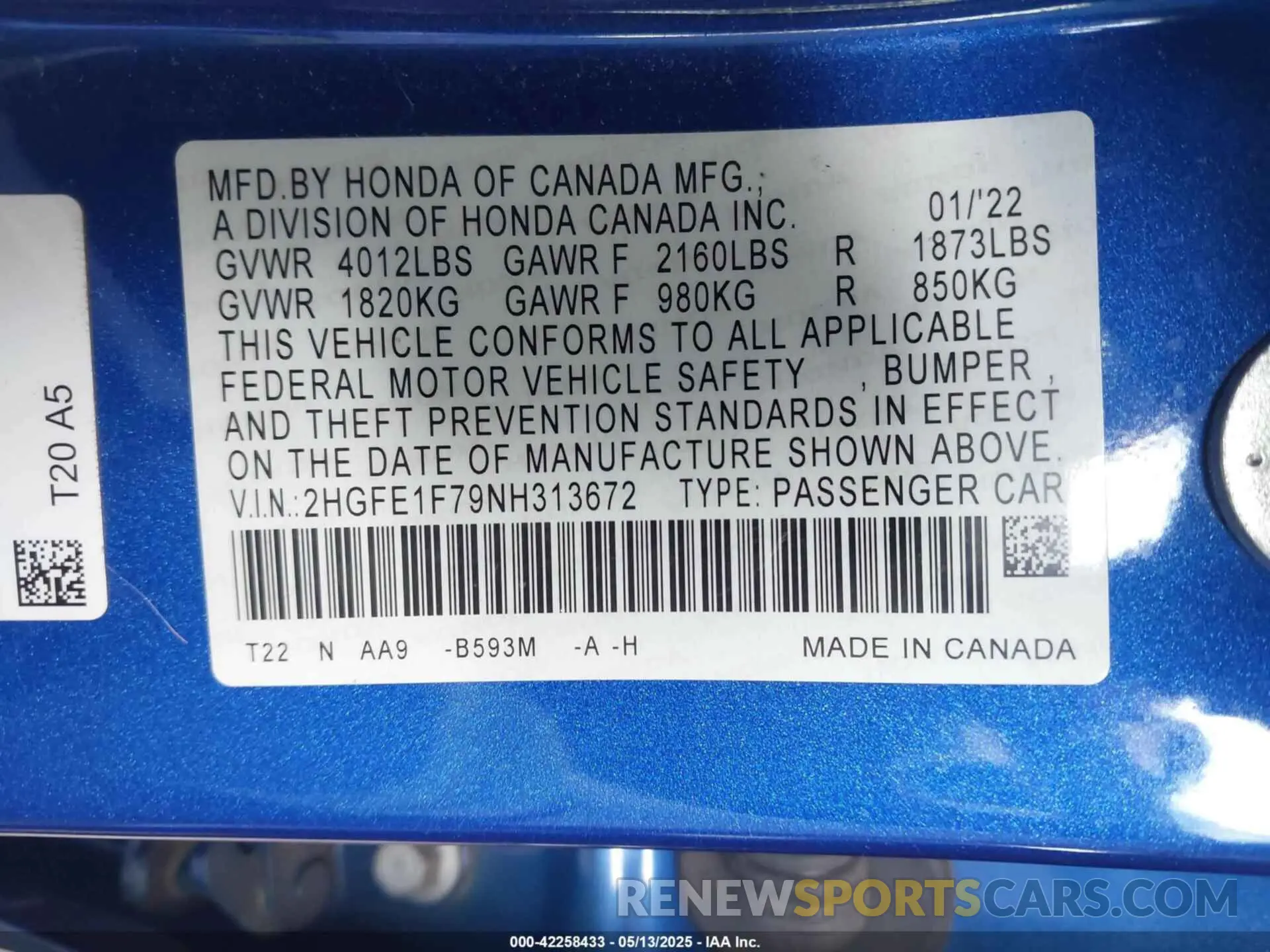 9 fotografías del automóvil dañado 2HGFE1F79NH313672 HONDA CIVIC 2022