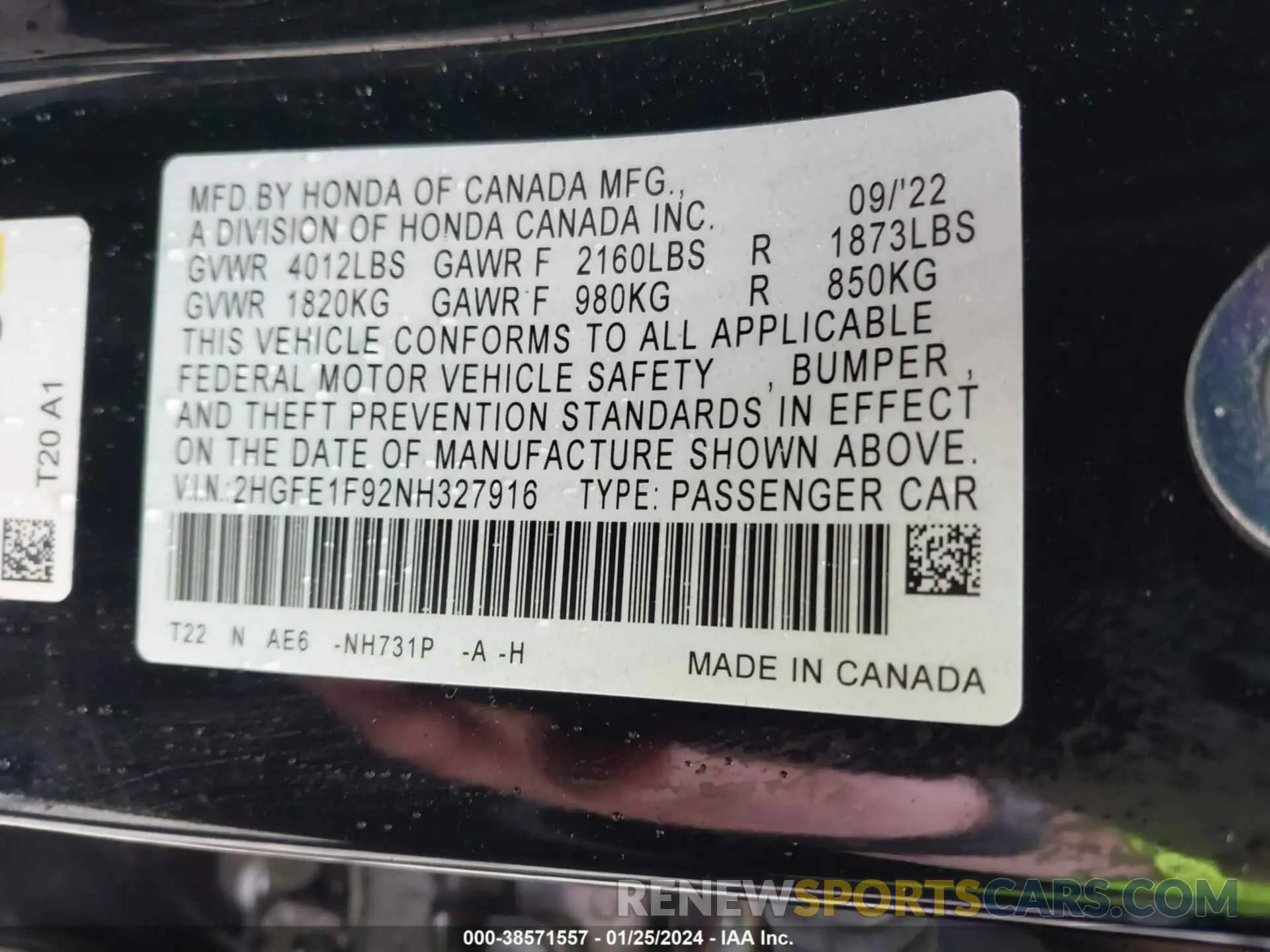 9 fotografías del automóvil dañado 2HGFE1F92NH327916 HONDA CIVIC 2022