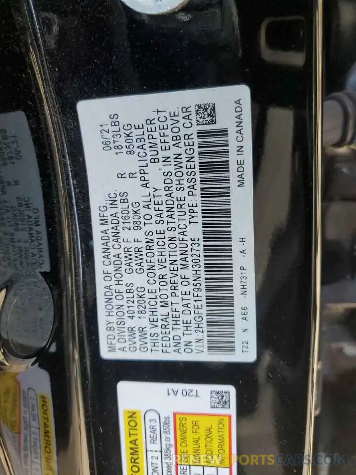 14 fotografías del automóvil dañado 2HGFE1F95NH302735 HONDA CIVIC 2022