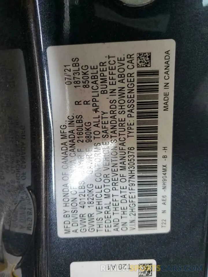 12 fotografías del automóvil dañado 2HGFE1F97NH305376 HONDA CIVIC 2022