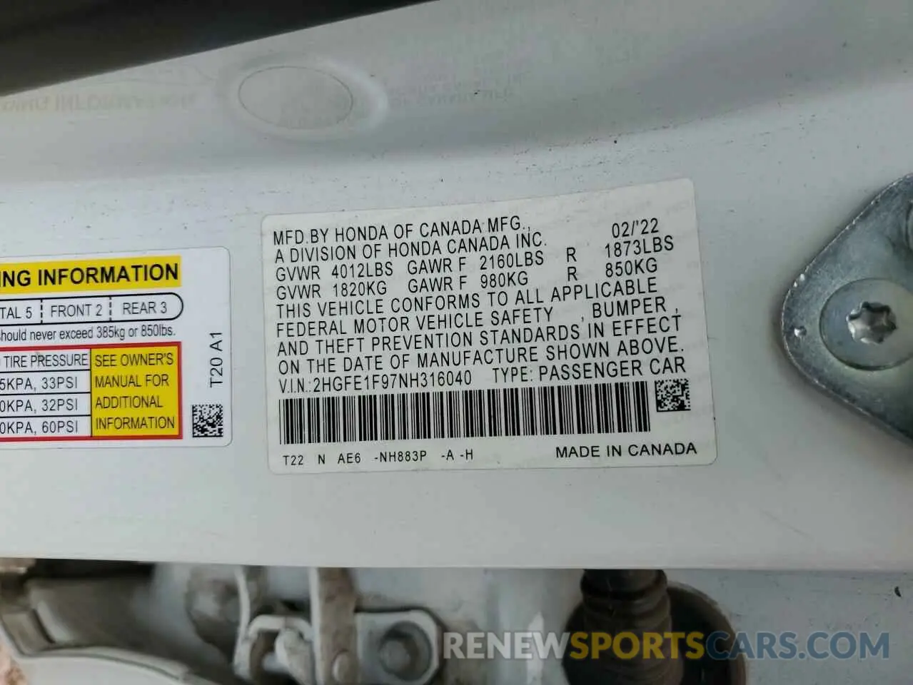 13 fotografías del automóvil dañado 2HGFE1F97NH316040 HONDA CIVIC 2022