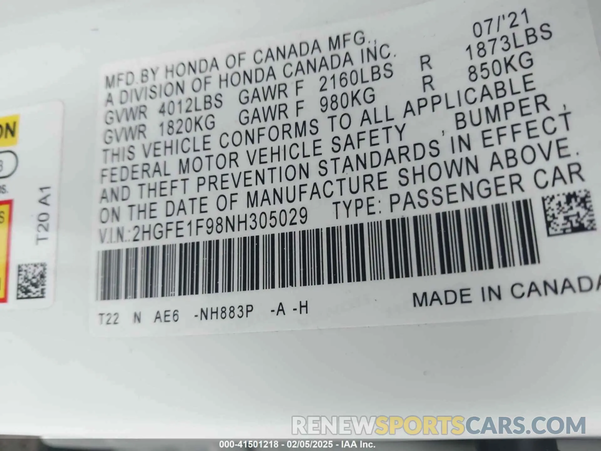 9 fotografías del automóvil dañado 2HGFE1F98NH305029 HONDA CIVIC 2022
