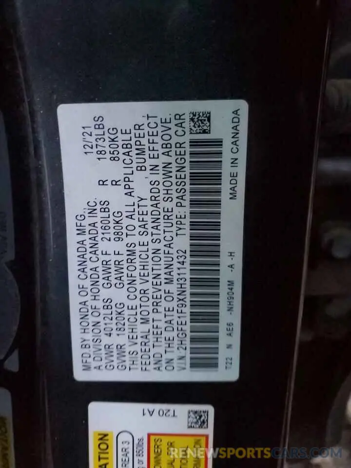 12 fotografías del automóvil dañado 2HGFE1F9XNH311432 HONDA CIVIC 2022