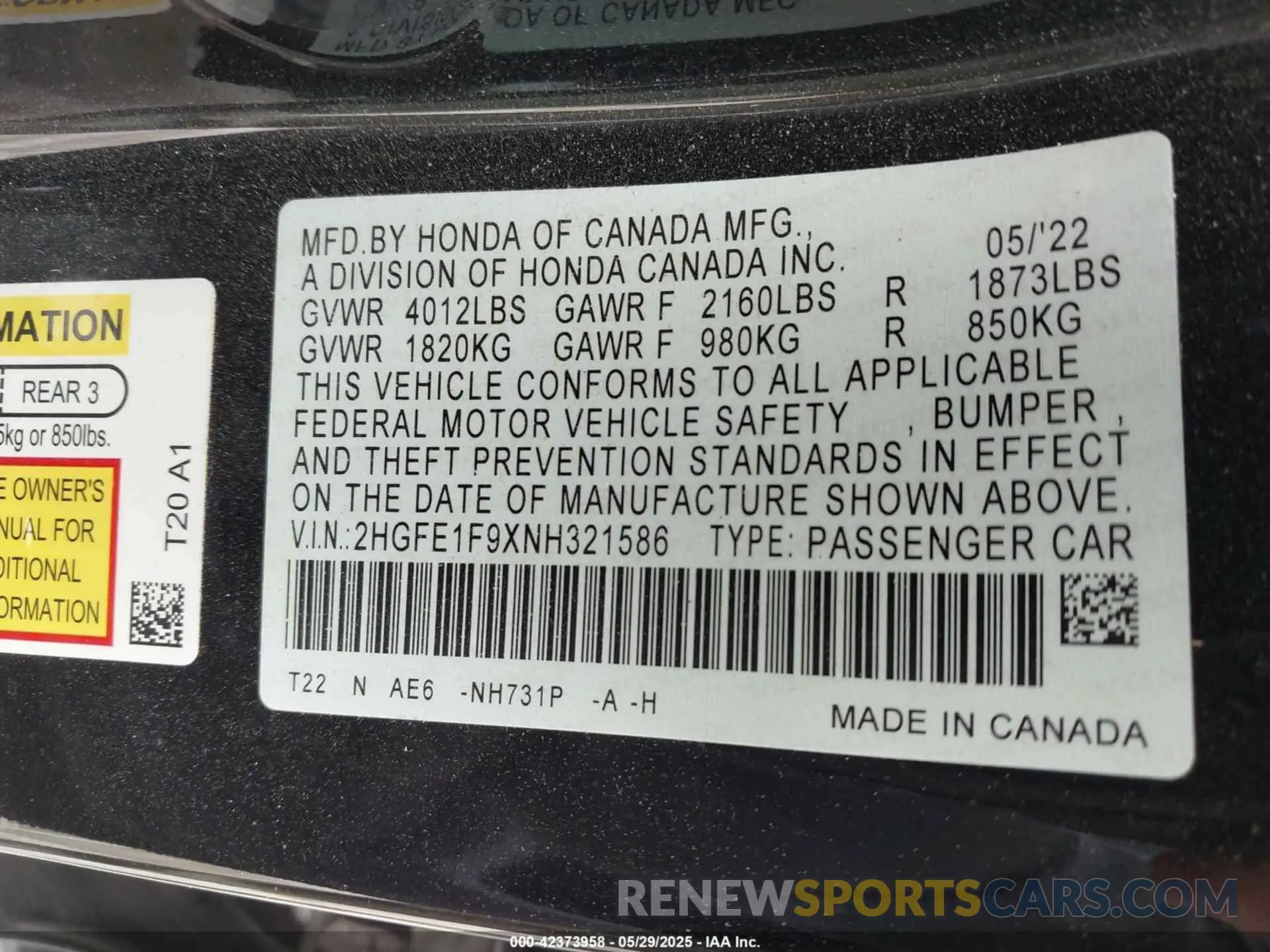 9 fotografías del automóvil dañado 2HGFE1F9XNH321586 HONDA CIVIC 2022