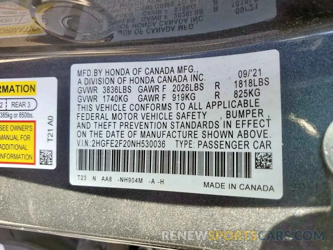 12 fotografías del automóvil dañado 2HGFE2F20NH530036 HONDA CIVIC 2022