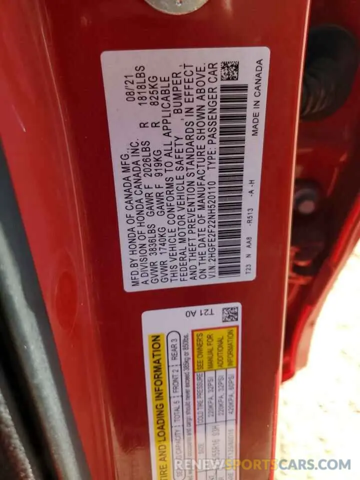 12 fotografías del automóvil dañado 2HGFE2F22NH520110 HONDA CIVIC 2022