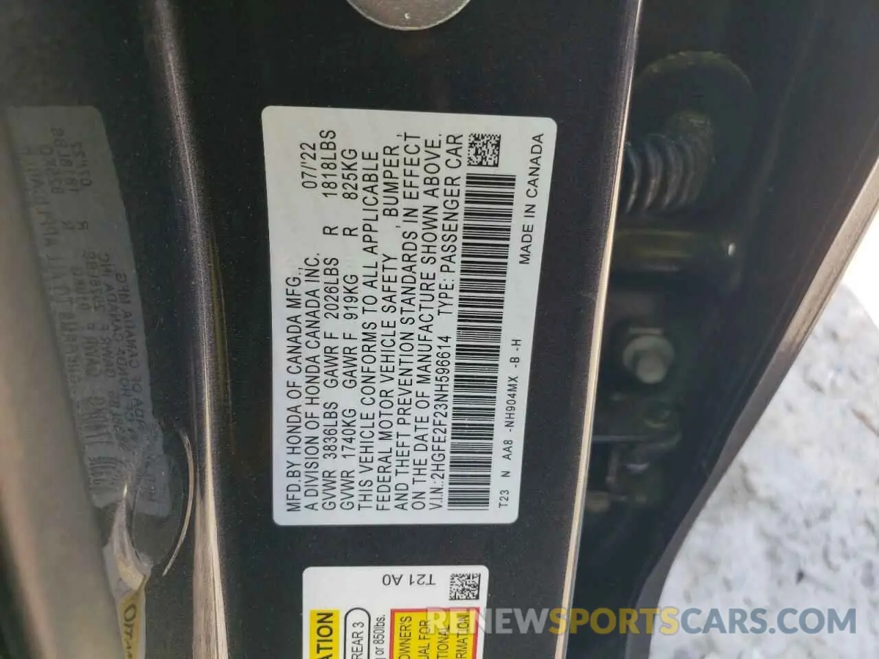 13 fotografías del automóvil dañado 2HGFE2F23NH596614 HONDA CIVIC 2022