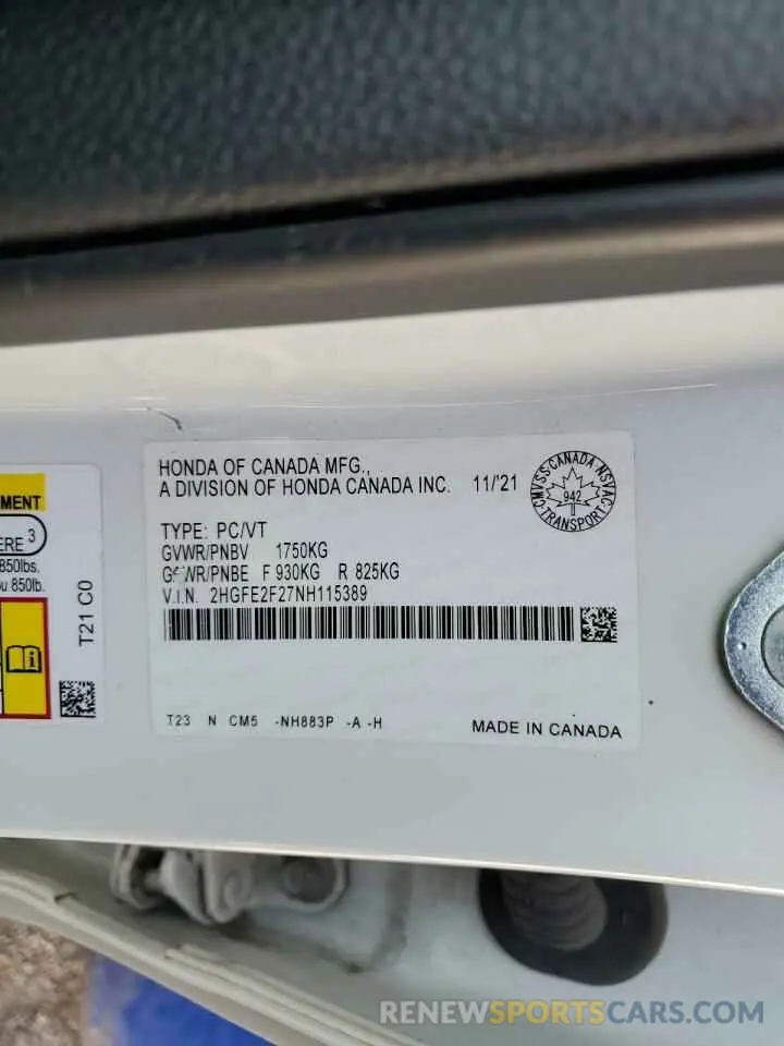 12 fotografías del automóvil dañado 2HGFE2F27NH115389 HONDA CIVIC 2022