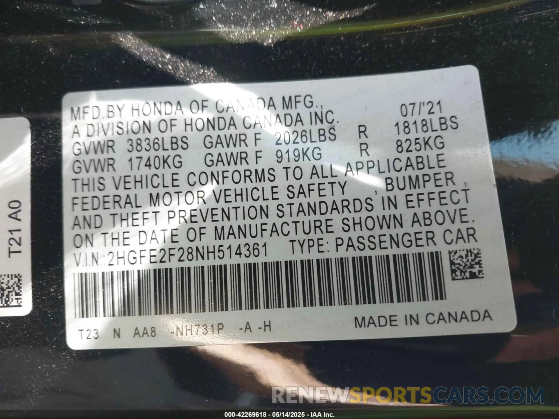 9 fotografías del automóvil dañado 2HGFE2F28NH514361 HONDA CIVIC 2022
