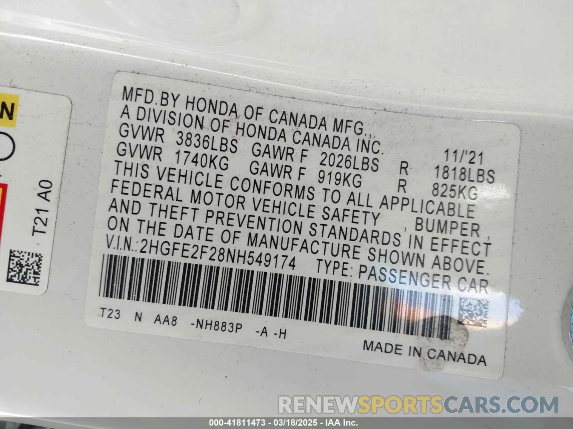 9 fotografías del automóvil dañado 2HGFE2F28NH549174 HONDA CIVIC 2022