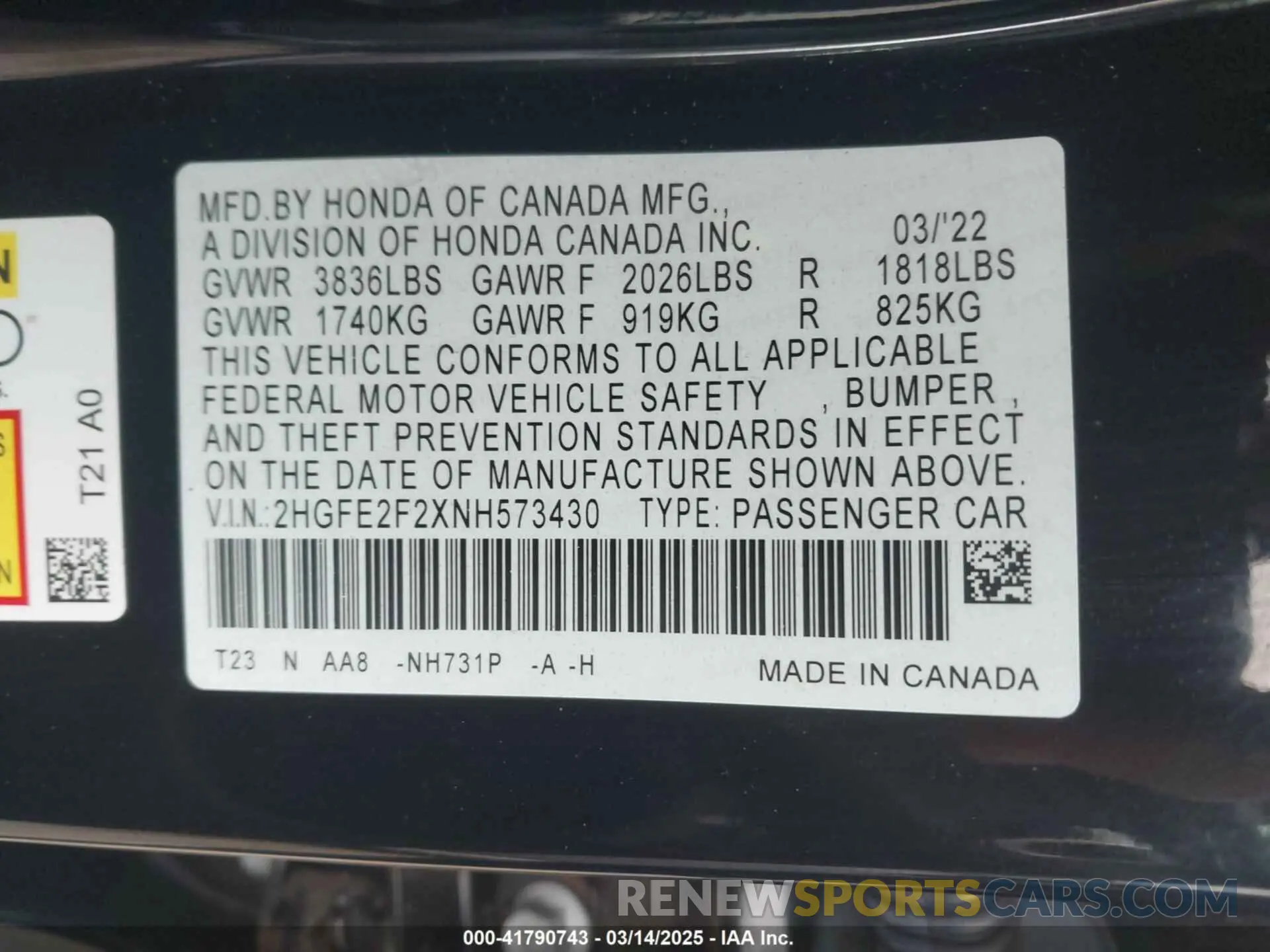 9 fotografías del automóvil dañado 2HGFE2F2XNH573430 HONDA CIVIC 2022